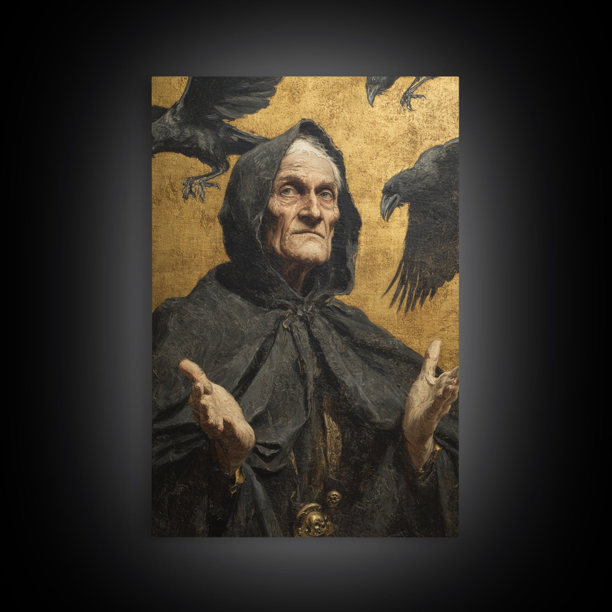 The Raven Keeper, Antique Gothic Portrait, Vertical Wall Art, Framed Canvas Print, Gothic Wall Decor, Halloween Portrait Art