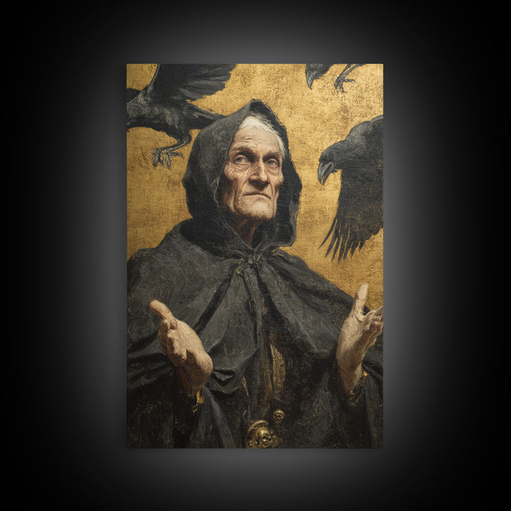 The Raven Keeper, Antique Gothic Portrait, Vertical Wall Art, Framed Canvas Print, Gothic Wall Decor, Halloween Portrait Art