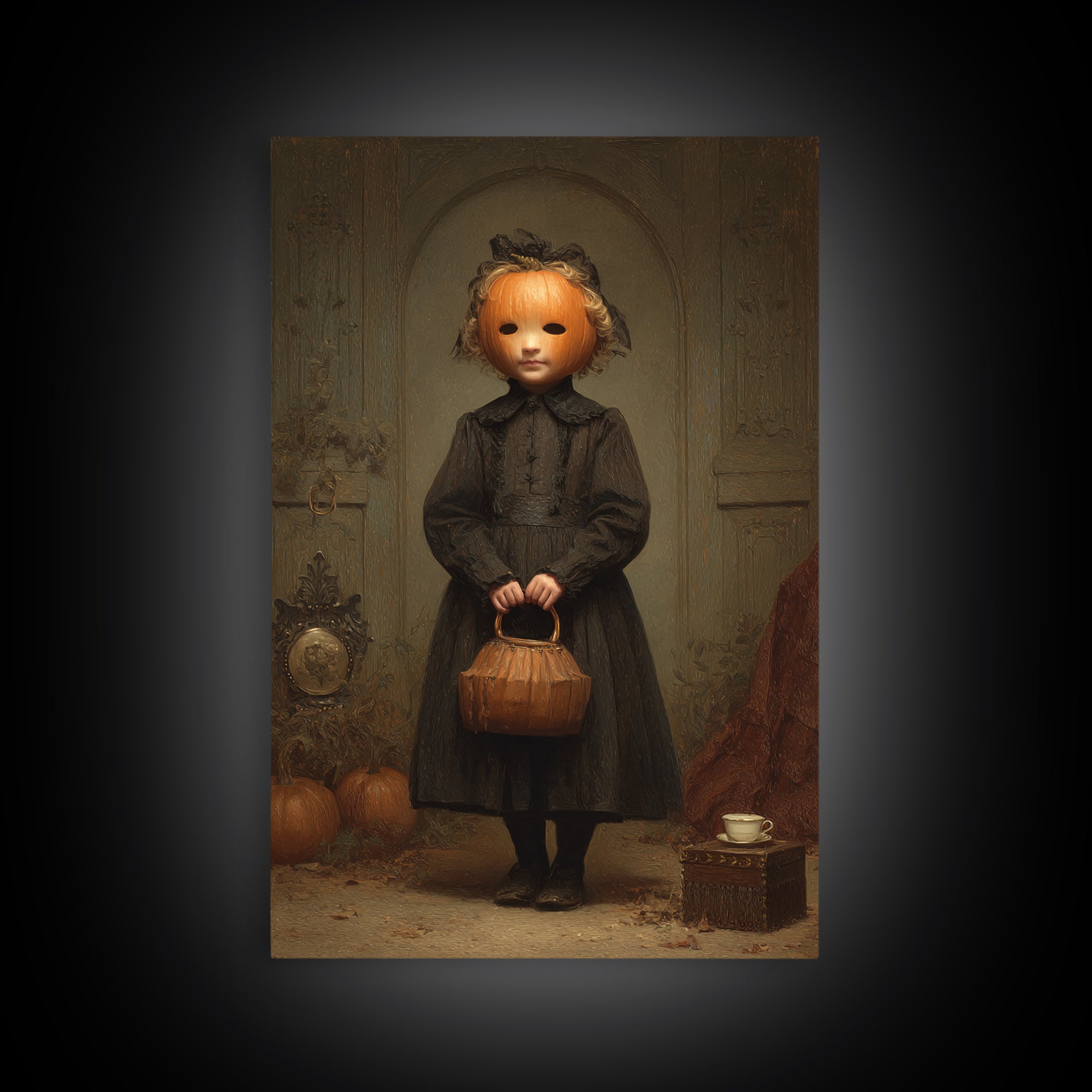 The Pumpkin-Headed Child, Dark Academia Wall Art, Vertical Wall Art, Canvas Print, Gothic Wall Decor, Halloween Portrait Art