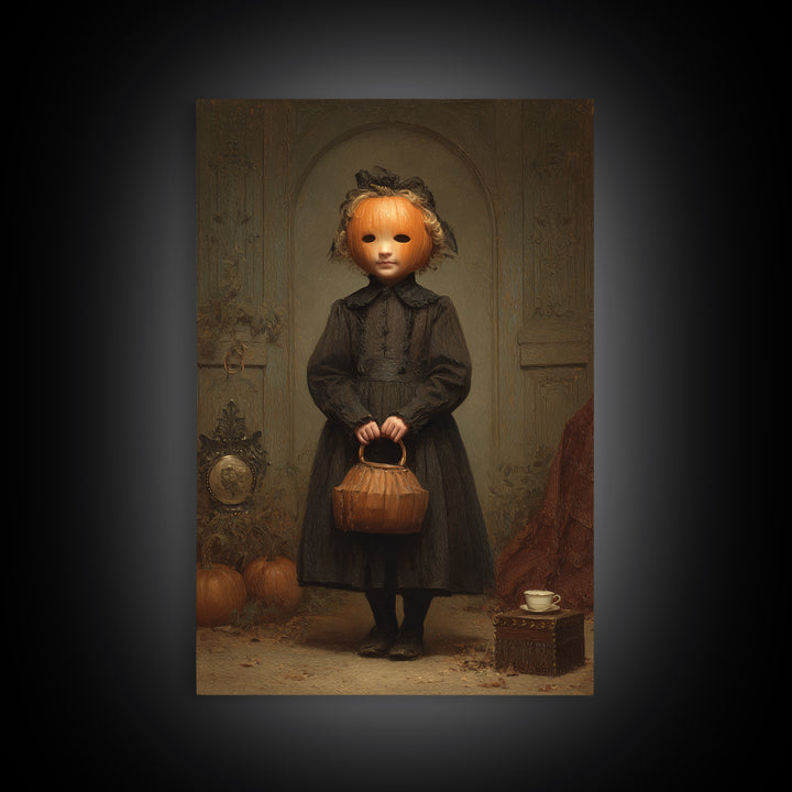 The Pumpkin-Headed Child, Dark Academia Wall Art, Vertical Wall Art, Canvas Print, Gothic Wall Decor, Halloween Portrait Art