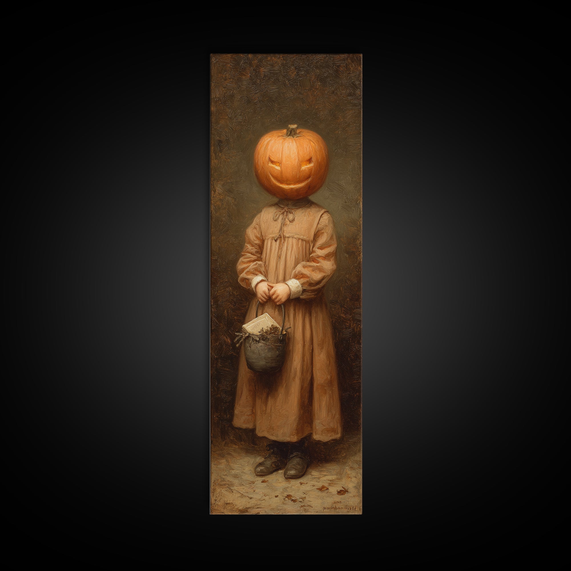 The Pumpkin-Headed Child, Victorian Gothic Art, Tall Narrow Wall Art, Framed Canvas Print, Gothic Wall Decor, Halloween Portrait Art