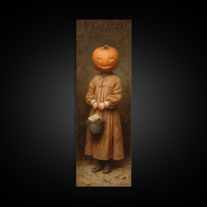The Pumpkin-Headed Child, Victorian Gothic Art, Tall Narrow Wall Art, Framed Canvas Print, Gothic Wall Decor, Halloween Portrait Art