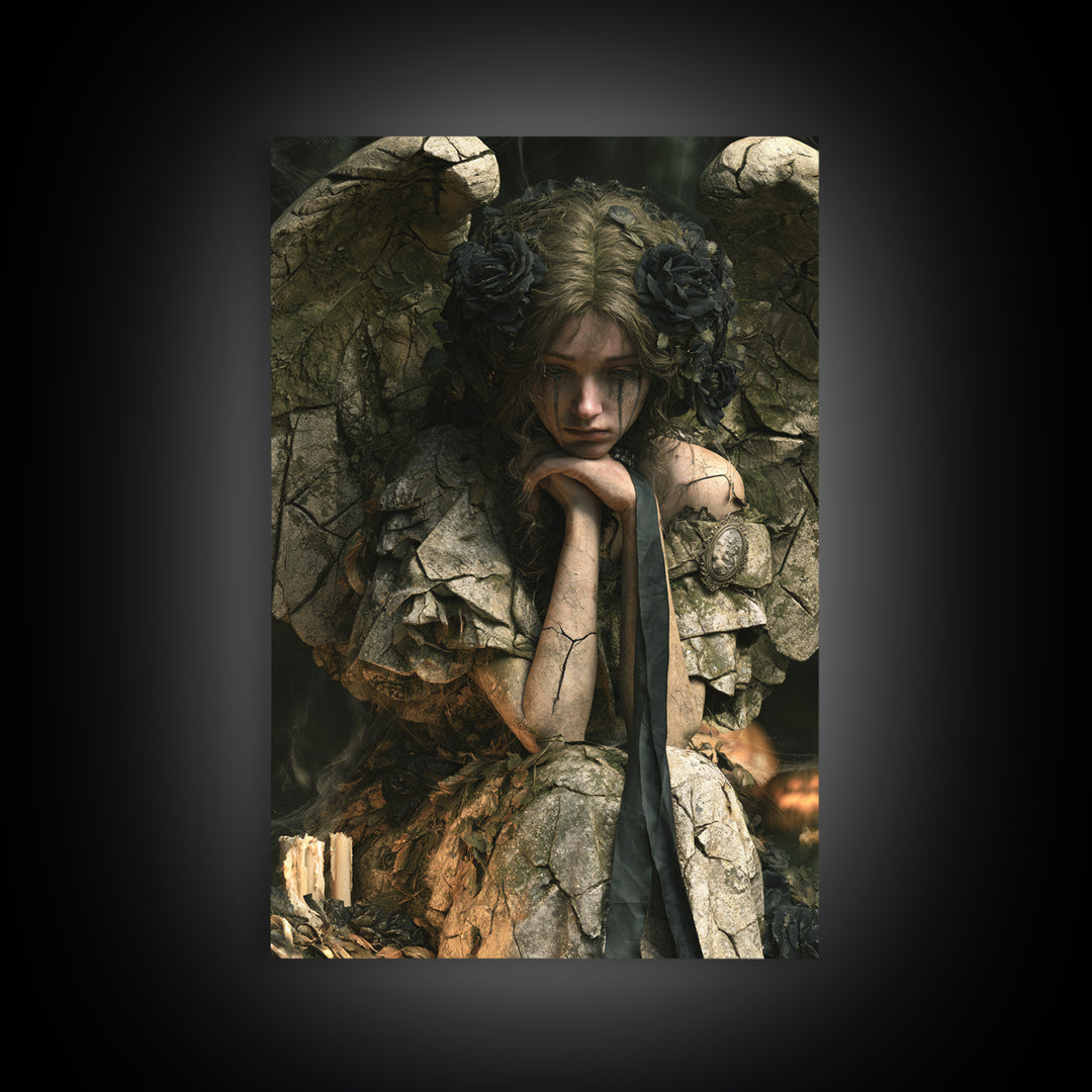 The Weeping Cemetery Angel, Macabre Victorian Decor, Vertical Wall Art, Canvas Print, Gothic Wall Decor, Halloween Portrait Art
