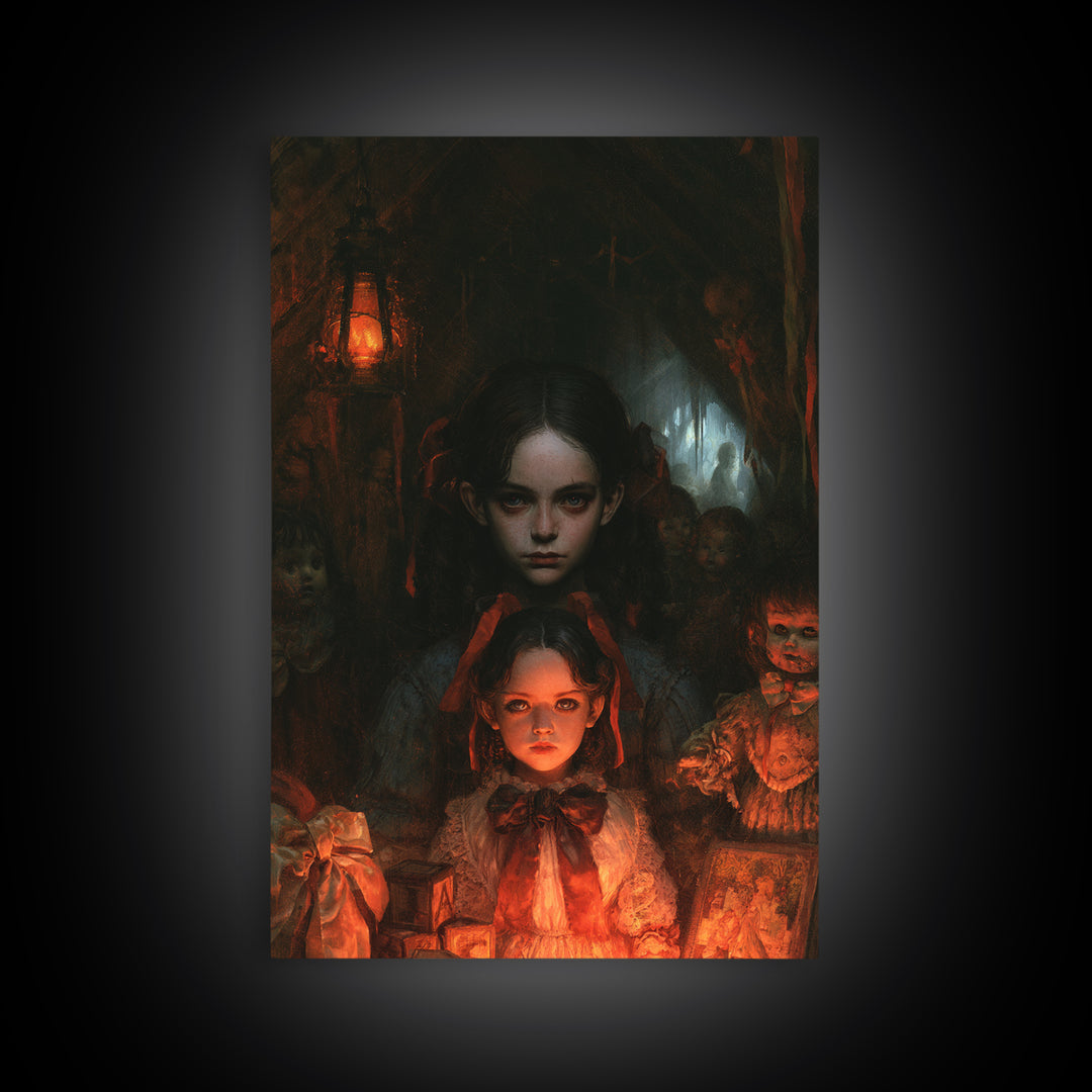 The Attic Whisperer, Victorian Horror Portrait, Vertical Wall Art, Canvas Print, Gothic Wall Decor, Halloween Portrait Art