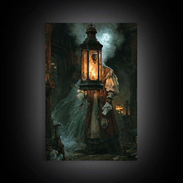 The Lantern Specter, Victorian Horror Portrait, Vertical Wall Art, Canvas Print, Gothic Wall Decor, Halloween Portrait Art, Dark Fantasy Art