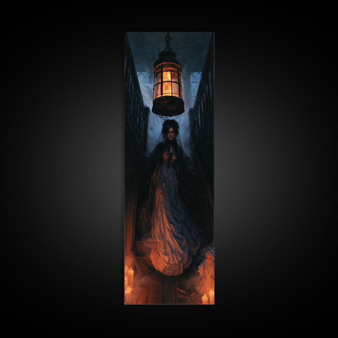The Lantern Specter, Dark Academia Wall Art, Tall Narrow Wall Art, Framed Canvas Print, Gothic Wall Decor, Halloween Portrait Art