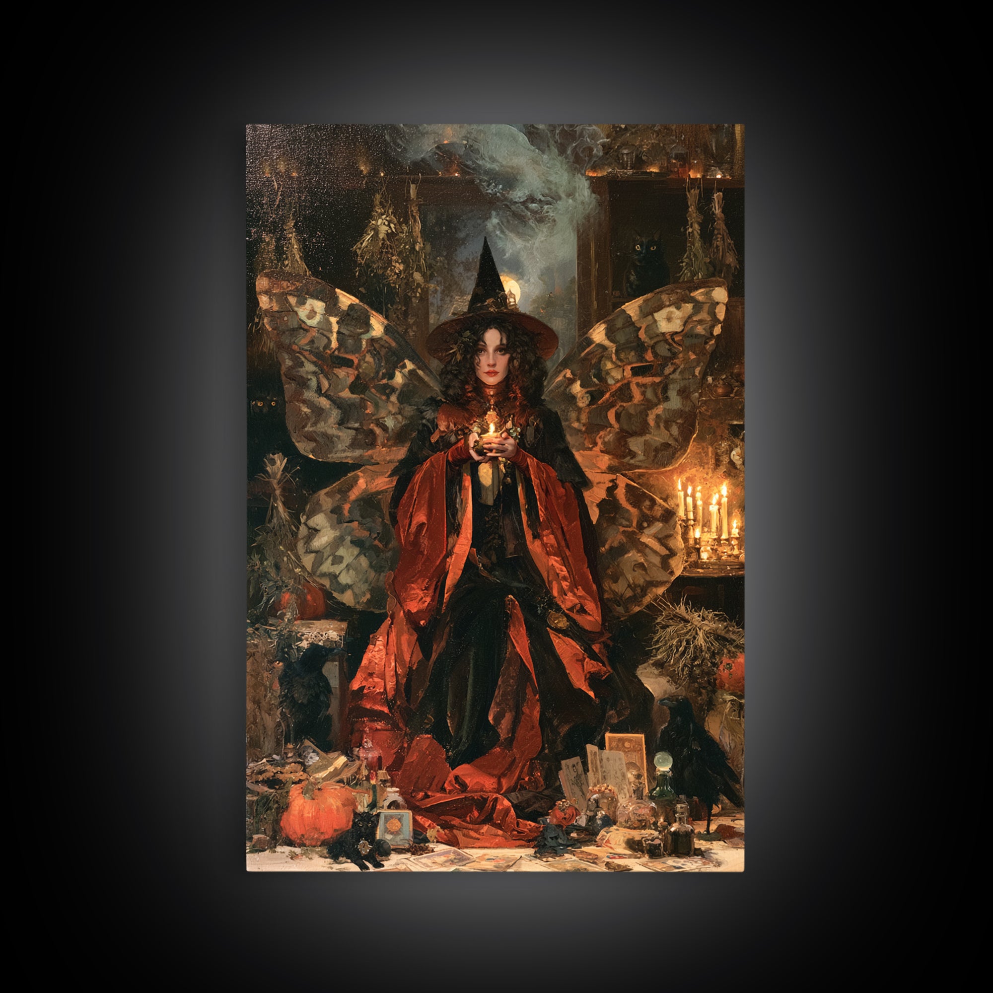 The Velvet Moth Witch, Macabre Victorian Decor, Vertical Wall Art, Framed Canvas Print, Gothic Wall Decor, Halloween Portrait Art