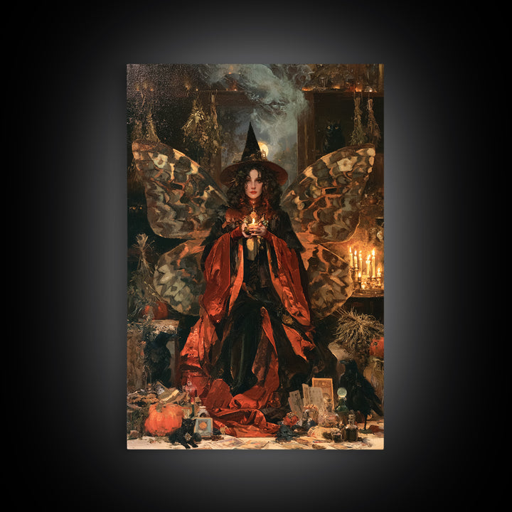 The Velvet Moth Witch, Macabre Victorian Decor, Vertical Wall Art, Framed Canvas Print, Gothic Wall Decor, Halloween Portrait Art