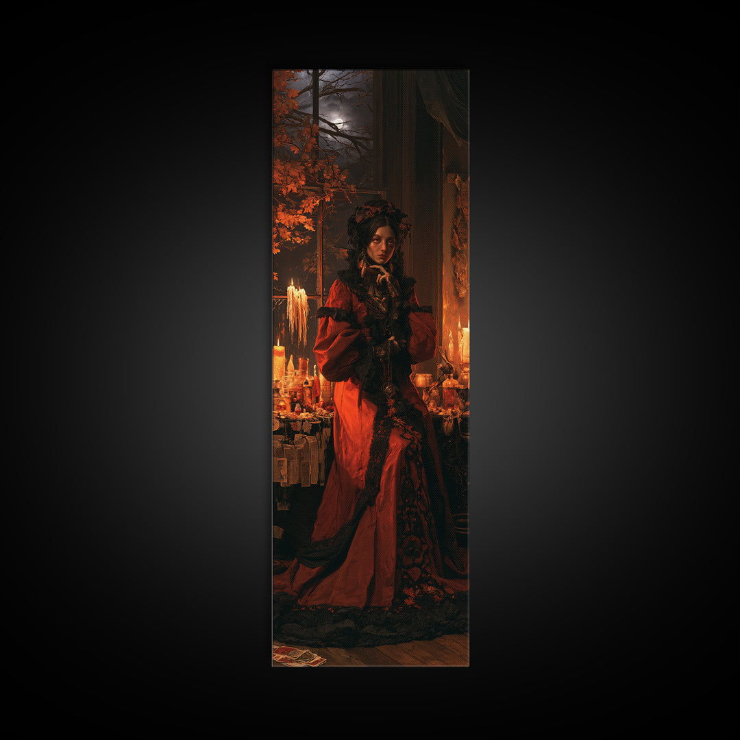 The Velvet Moth Witch, Victorian Horror Portrait, Tall Narrow Wall Art, Canvas Print, Gothic Wall Decor, Halloween Portrait Art