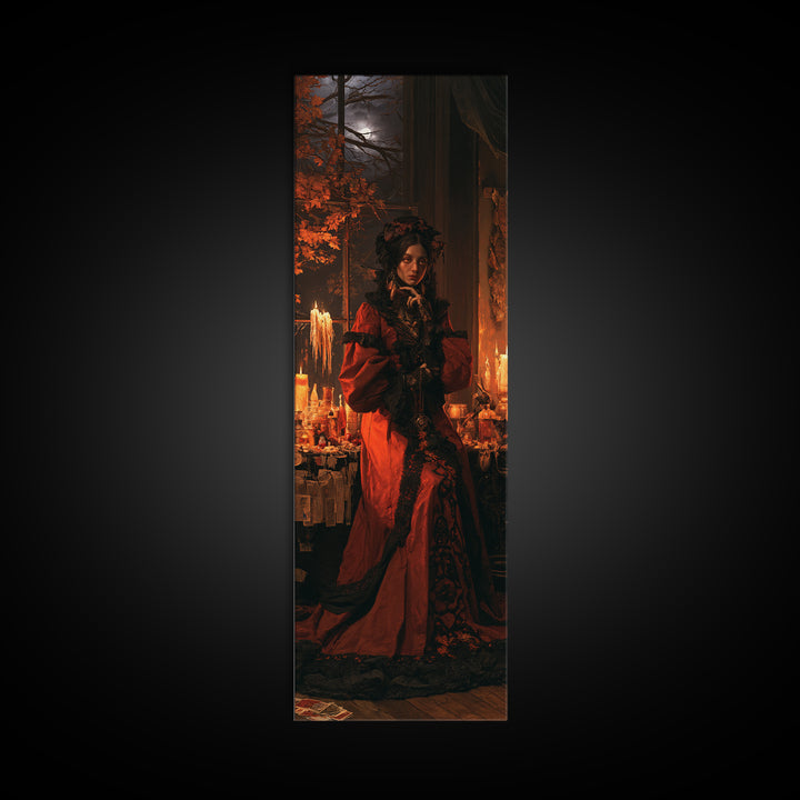 The Velvet Moth Witch, Victorian Horror Portrait, Tall Narrow Wall Art, Canvas Print, Gothic Wall Decor, Halloween Portrait Art