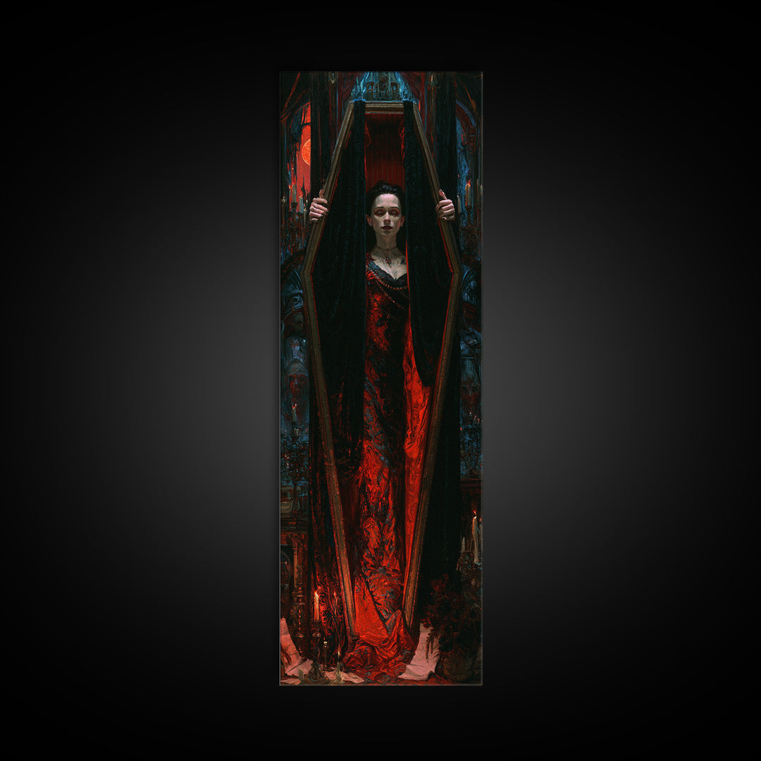 The Coffin Sleeper, Victorian Horror Portrait, Tall Narrow Wall Art, Framed Canvas Print, Gothic Wall Decor, Halloween Portrait Art