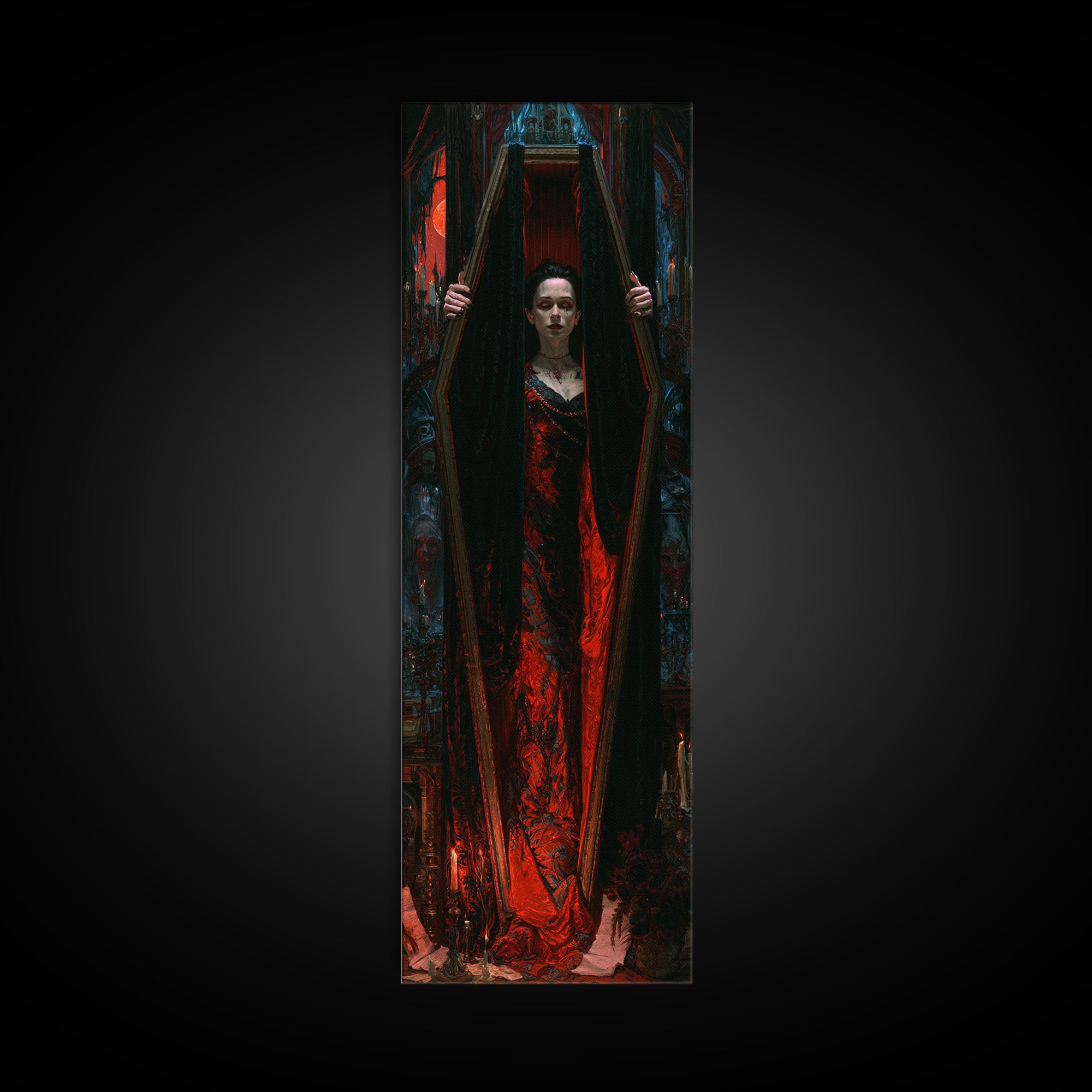 The Coffin Sleeper, Victorian Horror Portrait, Tall Narrow Wall Art, Framed Canvas Print, Gothic Wall Decor, Halloween Portrait Art