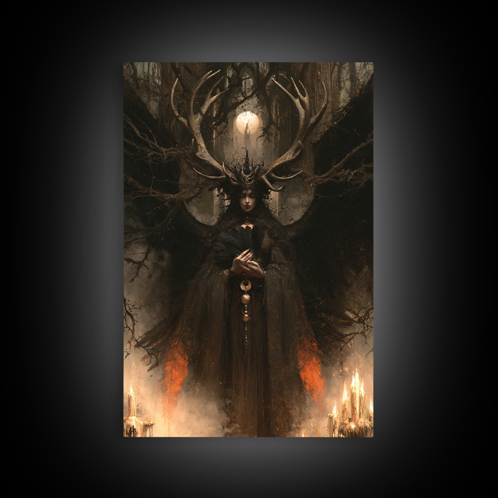 The Antlered Forest Spirit, Macabre Victorian Decor, Vertical Wall Art, Framed Canvas Print, Gothic Wall Decor, Halloween Portrait Art