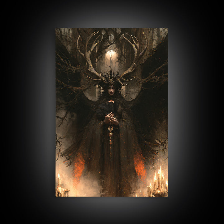 The Antlered Forest Spirit, Macabre Victorian Decor, Vertical Wall Art, Framed Canvas Print, Gothic Wall Decor, Halloween Portrait Art