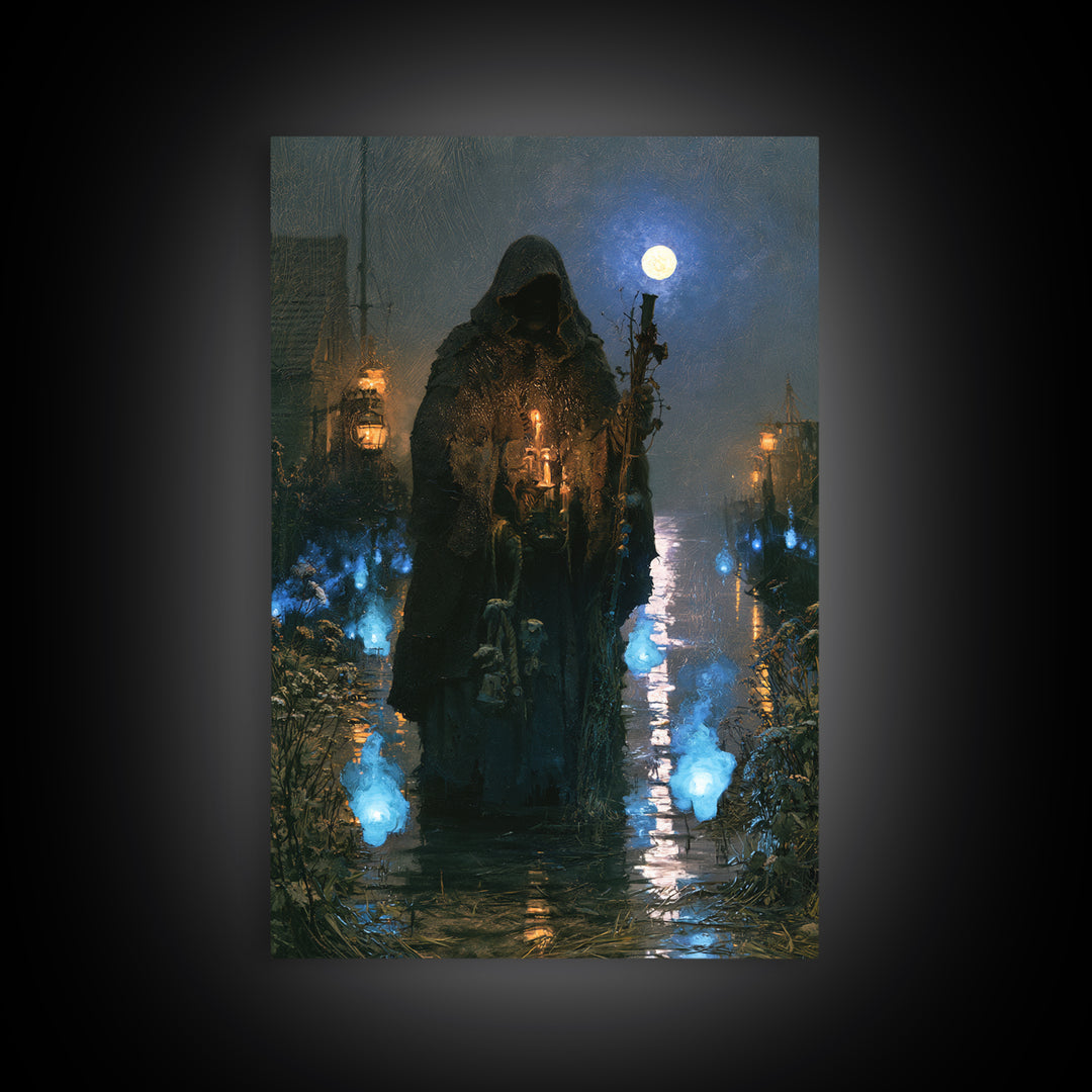 The Will-O'-The-Wisp Shepherd, Victorian Horror Portrait, Vertical Wall Art, Framed Canvas Print, Gothic Wall Decor, Halloween Portrait Art