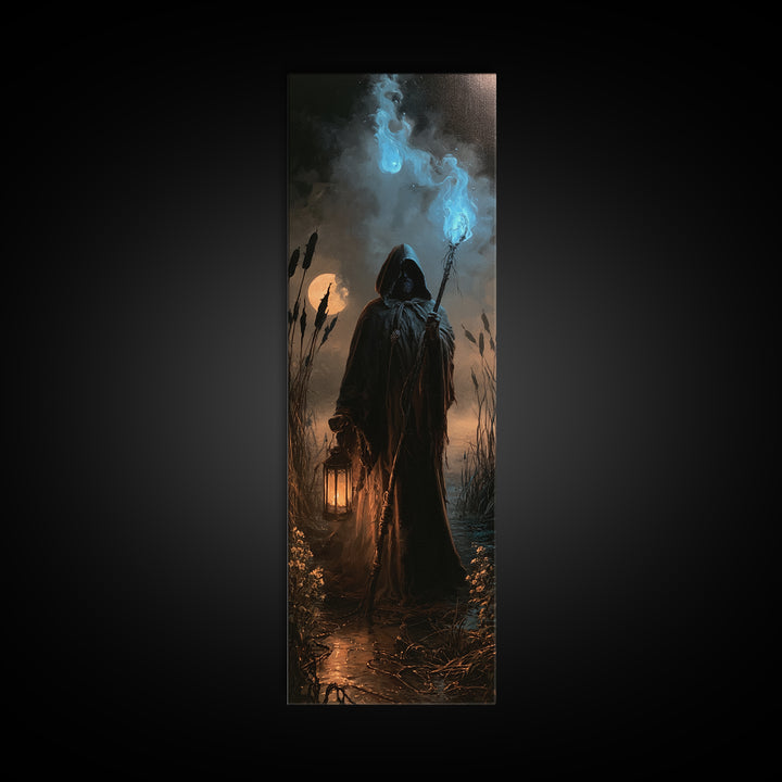The Will-O'-The-Wisp Shepherd, Antique Gothic Portrait, Tall Narrow Wall Art, Canvas Print, Gothic Wall Decor, Halloween Portrait Art