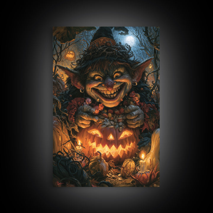 The Pumpkin Patch Goblin, Dark Academia Wall Art, Vertical Wall Art, Canvas Print, Gothic Wall Decor, Halloween Portrait Art