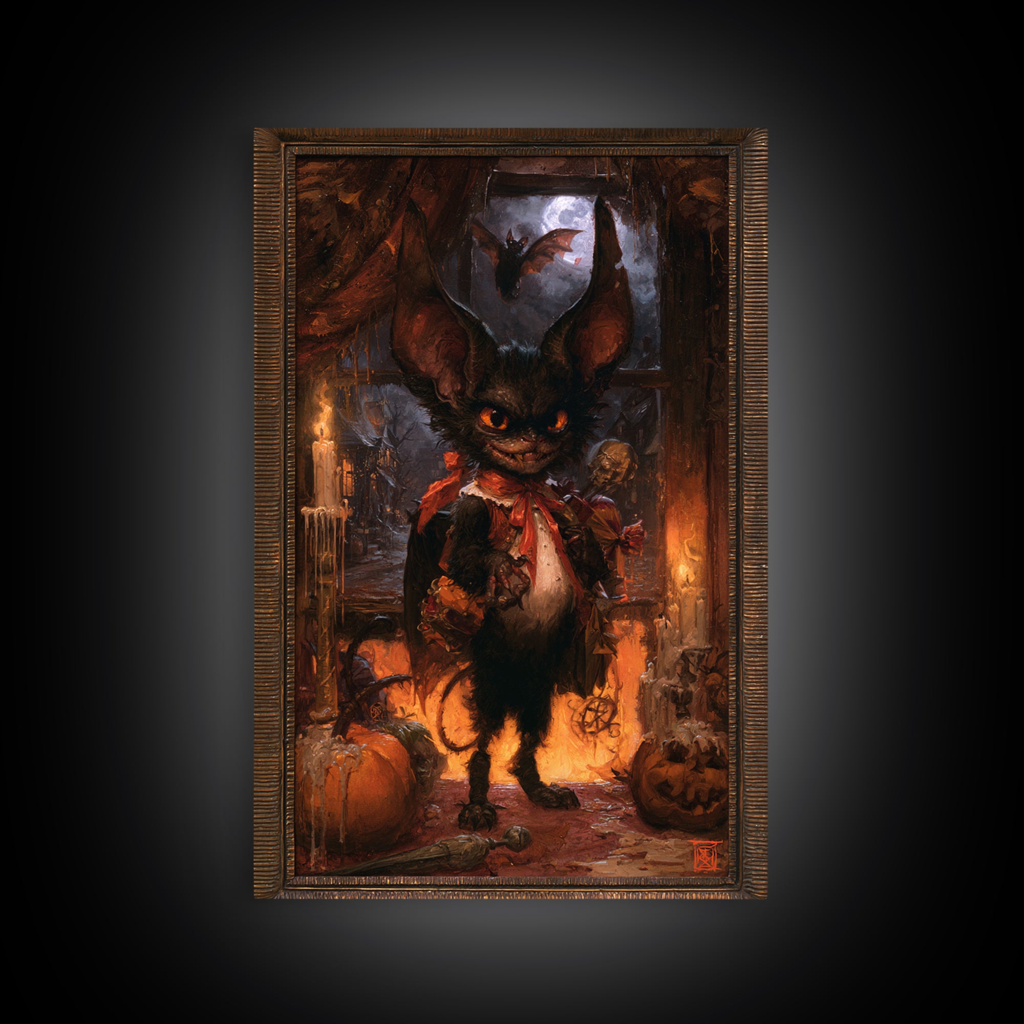 The Bat-Winged Imp, Dark Academia Wall Art, Vertical Wall Art, Framed Canvas Print, Gothic Wall Decor, Halloween Portrait Art
