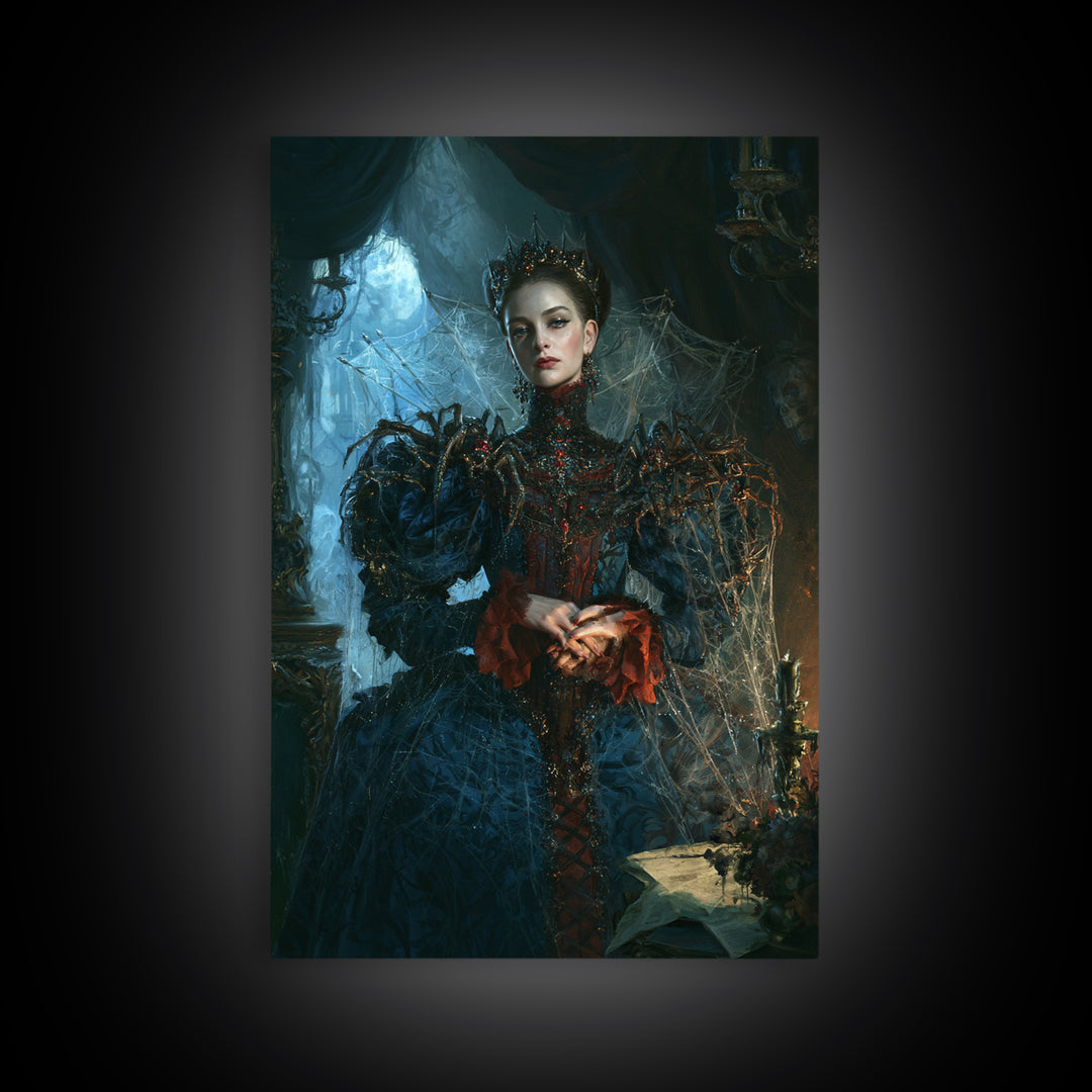 The Spider Queen, Antique Gothic Portrait, Vertical Wall Art, Framed Canvas Print, Gothic Wall Decor, Halloween Portrait Art