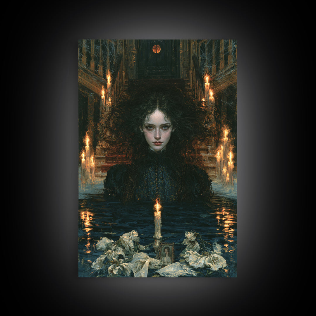 The Lake Phantom, Antique Gothic Portrait, Vertical Wall Art, Framed Canvas Print, Gothic Wall Decor, Halloween Portrait Art
