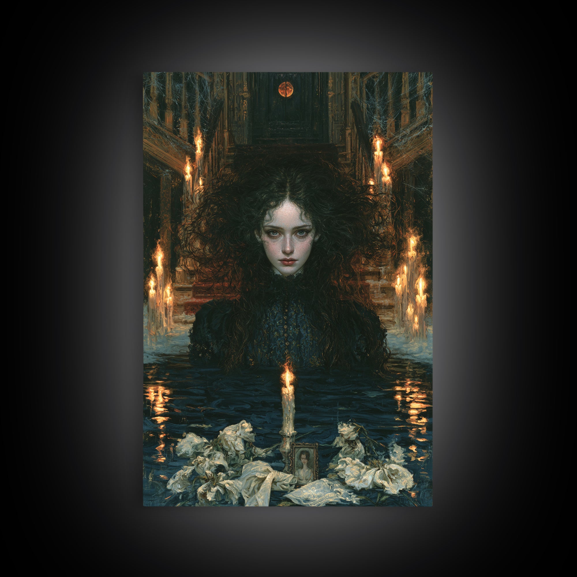 The Lake Phantom, Antique Gothic Portrait, Vertical Wall Art, Framed Canvas Print, Gothic Wall Decor, Halloween Portrait Art