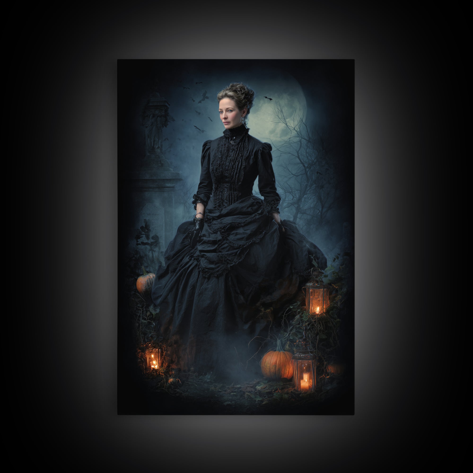 The Moonlit Cemetery, Victorian Gothic Art, Vertical Wall Art, Framed Canvas Print, Gothic Wall Decor, Halloween Portrait Art