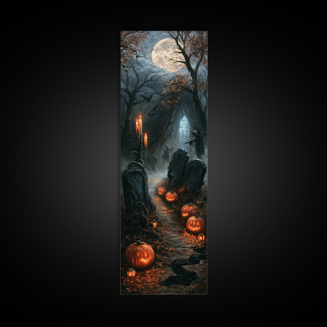The Moonlit Cemetery, Victorian Gothic Art, Tall Narrow Wall Art, Canvas Print, Gothic Wall Decor, Halloween Portrait Art, Gothic Home Decor