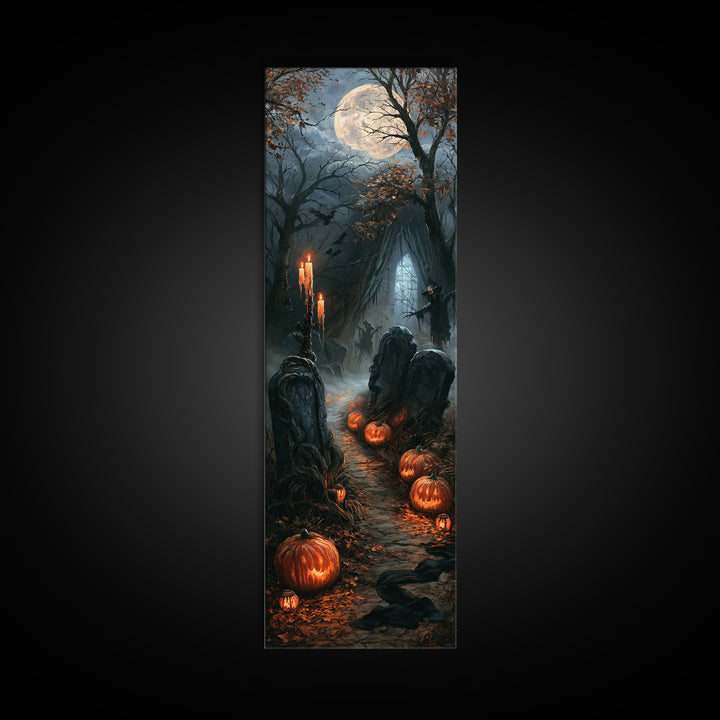 The Moonlit Cemetery, Victorian Gothic Art, Tall Narrow Wall Art, Canvas Print, Gothic Wall Decor, Halloween Portrait Art, Gothic Home Decor