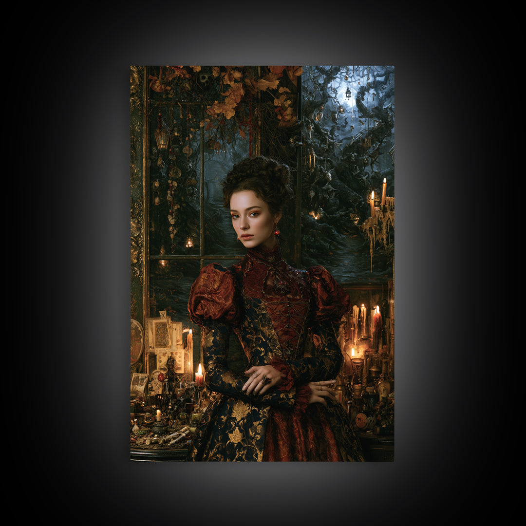 The Witch'S Forest, Antique Gothic Portrait, Vertical Wall Art, Framed Canvas Print, Gothic Wall Decor, Halloween Portrait Art