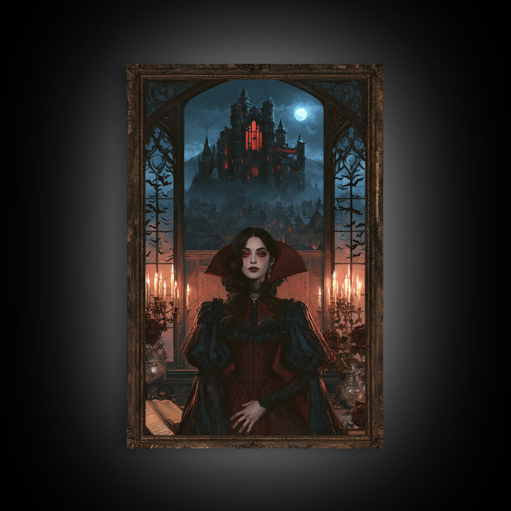 The Vampire Castle, Victorian Horror Portrait, Vertical Wall Art, Framed Canvas Print, Gothic Wall Decor, Halloween Portrait Art