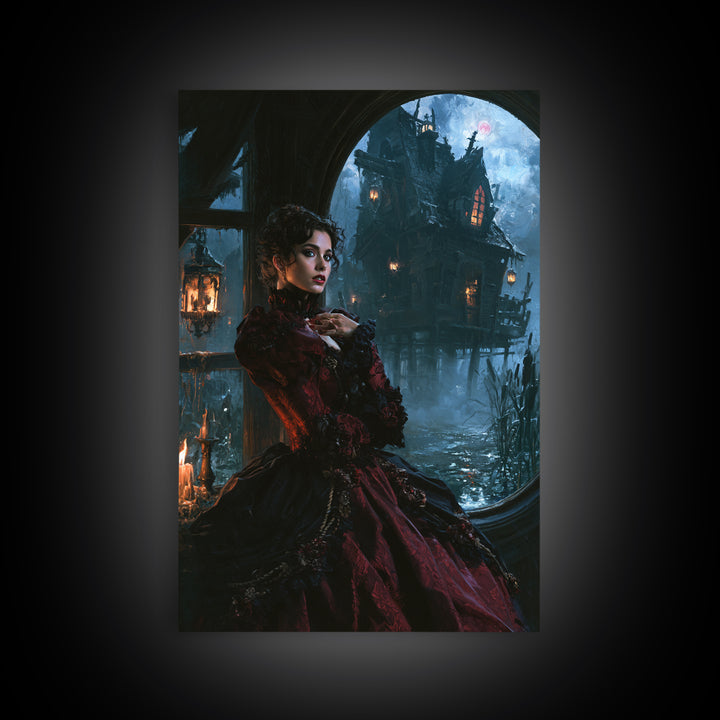 The Foggy Swamp Shack, Victorian Gothic Art, Vertical Wall Art, Canvas Print, Gothic Wall Decor, Halloween Portrait Art