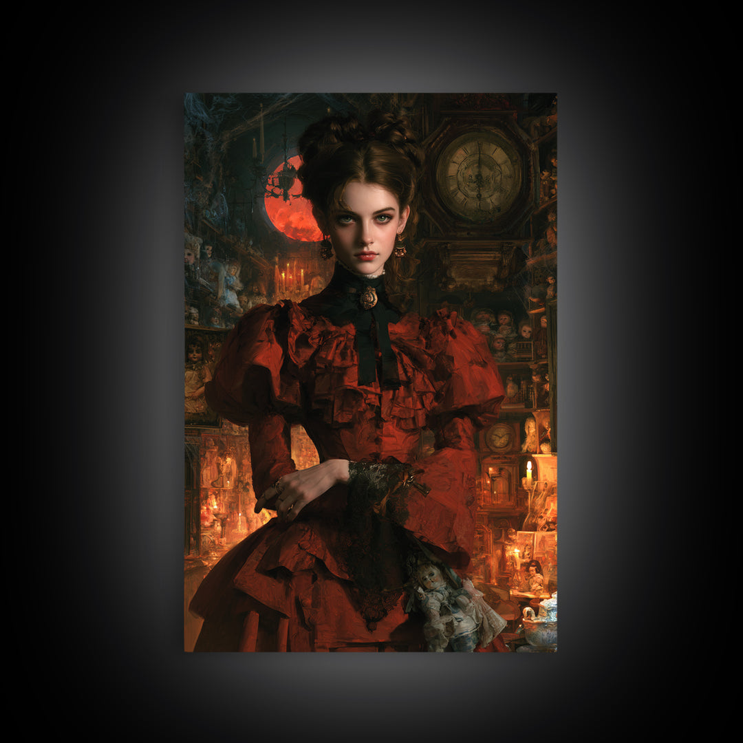 The Midnight Antique Shop, Dark Academia Wall Art, Vertical Wall Art, Framed Canvas Print, Gothic Wall Decor, Halloween Portrait Art