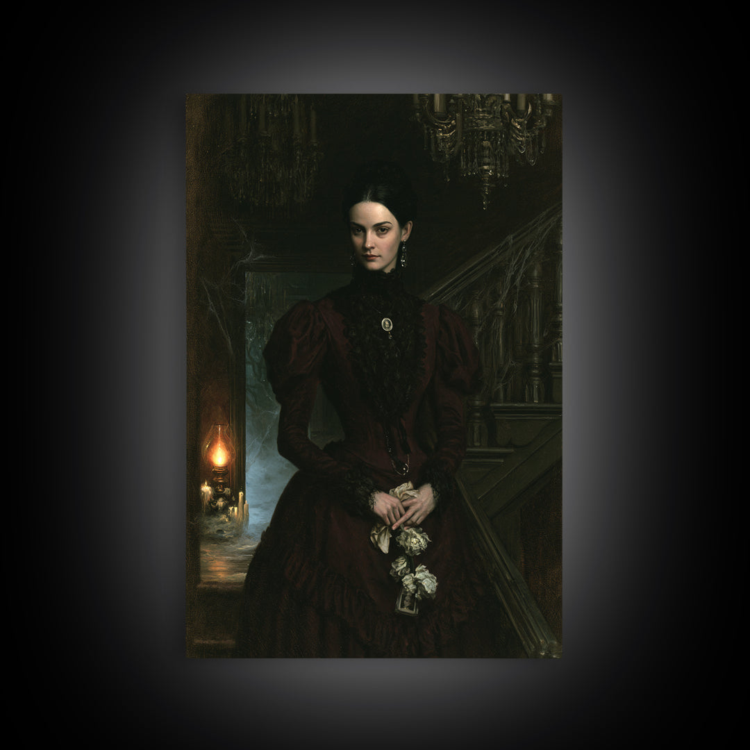 The Haunted Hotel, Antique Gothic Portrait, Vertical Wall Art, Framed Canvas Print, Gothic Wall Decor, Halloween Portrait Art