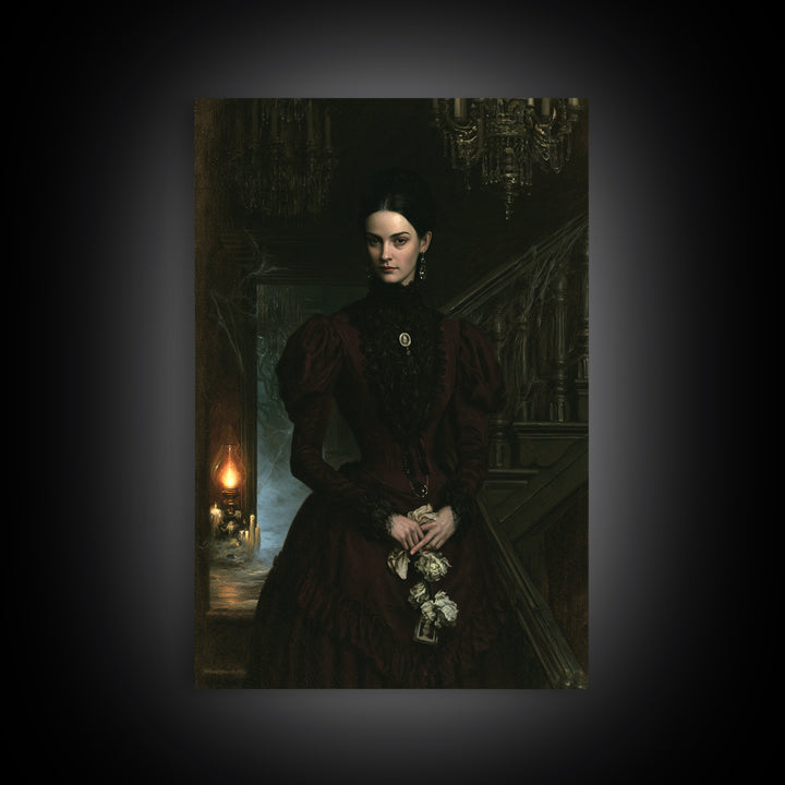 The Haunted Hotel, Antique Gothic Portrait, Vertical Wall Art, Framed Canvas Print, Gothic Wall Decor, Halloween Portrait Art