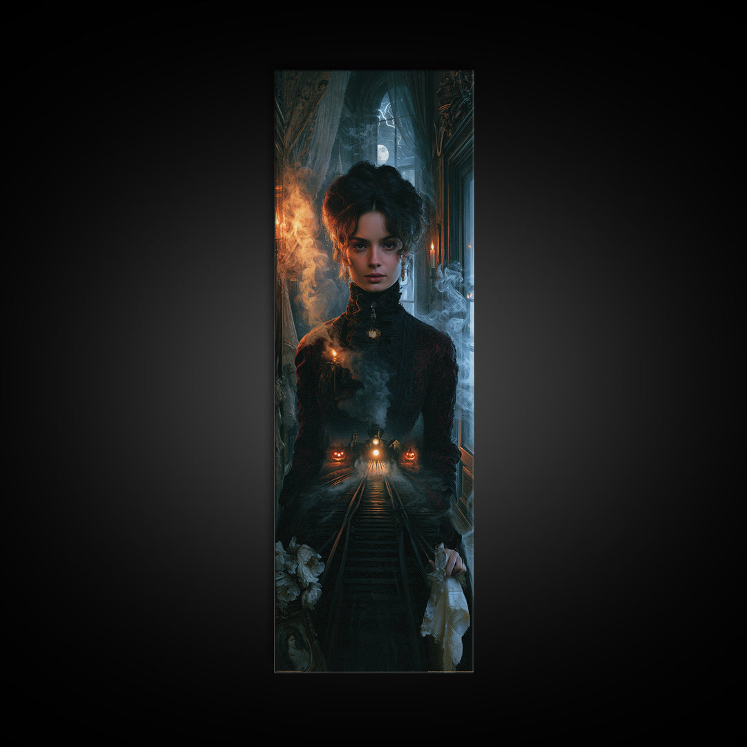 The Abandoned Train Station, Victorian Gothic Art, Tall Narrow Wall Art, Framed Canvas Print, Gothic Wall Decor, Halloween Portrait Art