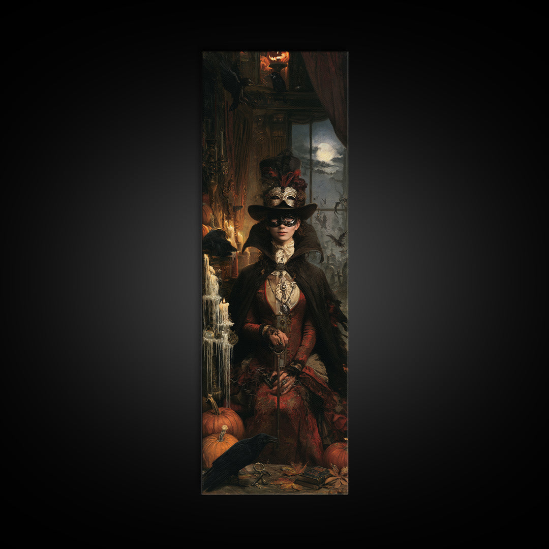 The Midnight Masquerade, Antique Gothic Portrait, Tall Narrow Wall Art, Canvas Print, Gothic Wall Decor, Halloween Portrait Art