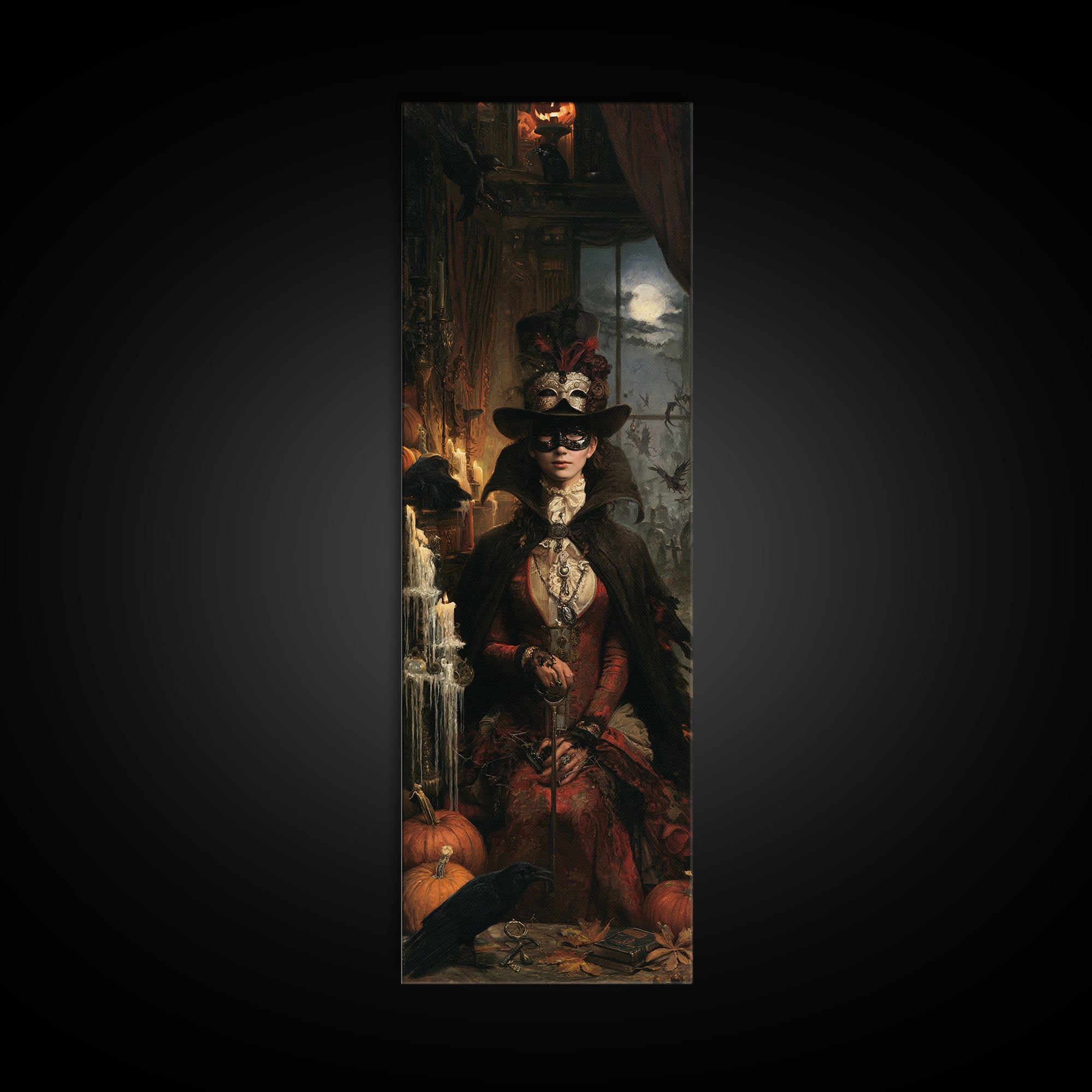 The Midnight Masquerade, Antique Gothic Portrait, Tall Narrow Wall Art, Canvas Print, Gothic Wall Decor, Halloween Portrait Art