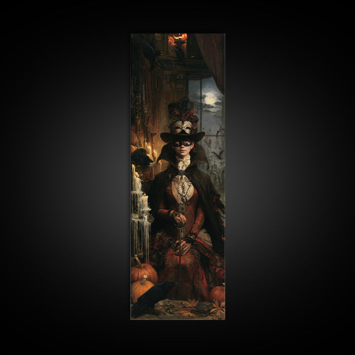 The Midnight Masquerade, Antique Gothic Portrait, Tall Narrow Wall Art, Canvas Print, Gothic Wall Decor, Halloween Portrait Art