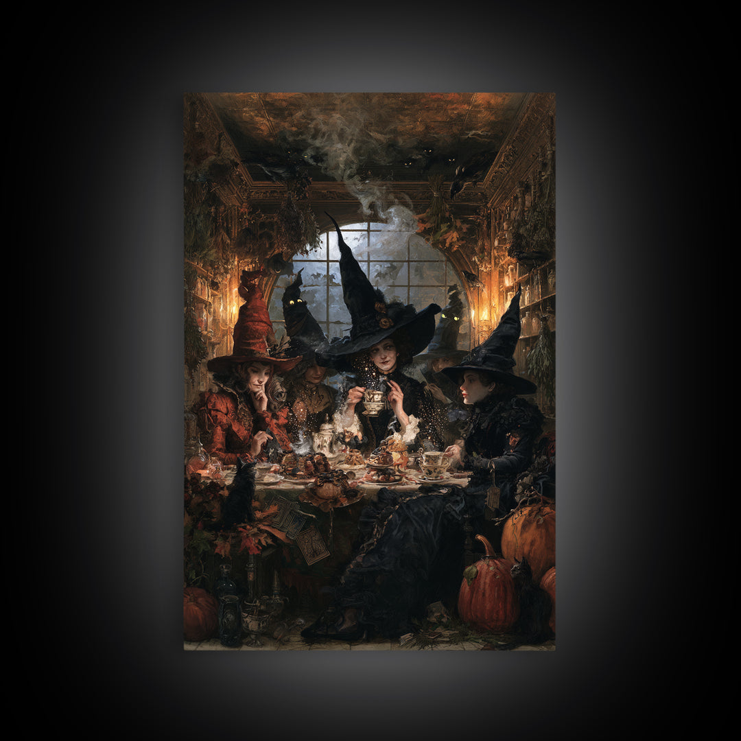The Witches' Tea Party, Antique Gothic Portrait, Vertical Wall Art, Canvas Print, Gothic Wall Decor, Halloween Portrait Art