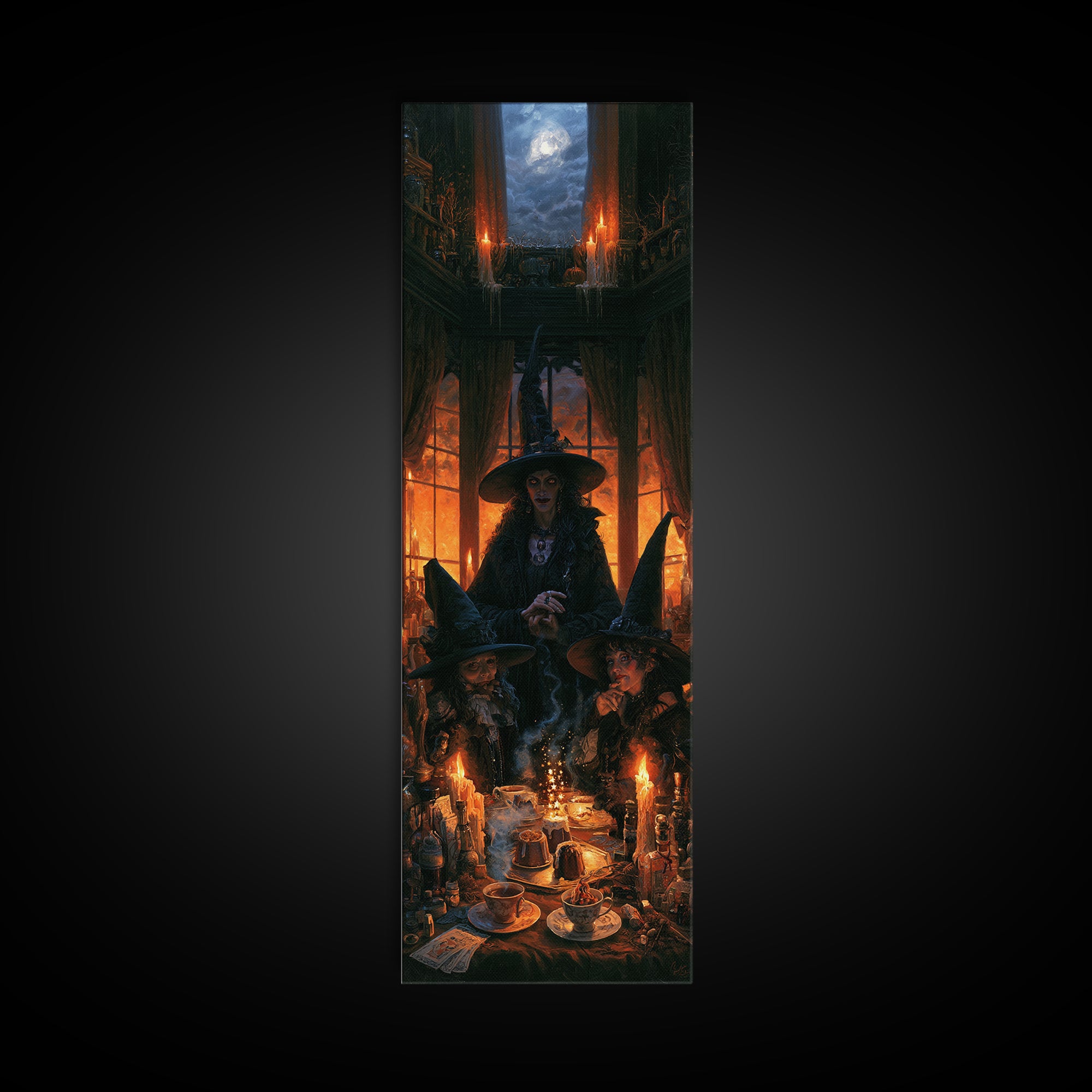 The Witches' Tea Party, Antique Gothic Portrait, Tall Narrow Wall Art, Canvas Print, Gothic Wall Decor, Halloween Portrait Art