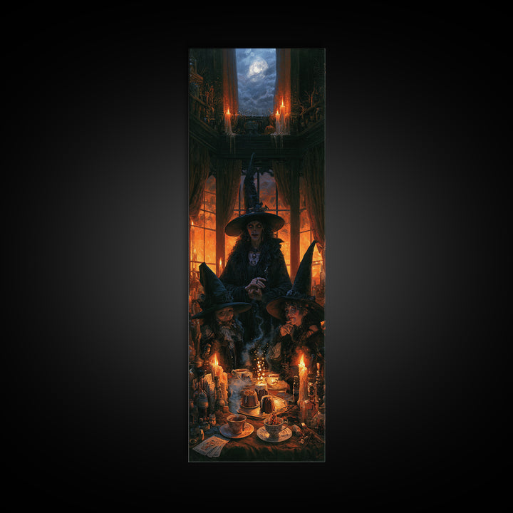 The Witches' Tea Party, Antique Gothic Portrait, Tall Narrow Wall Art, Canvas Print, Gothic Wall Decor, Halloween Portrait Art