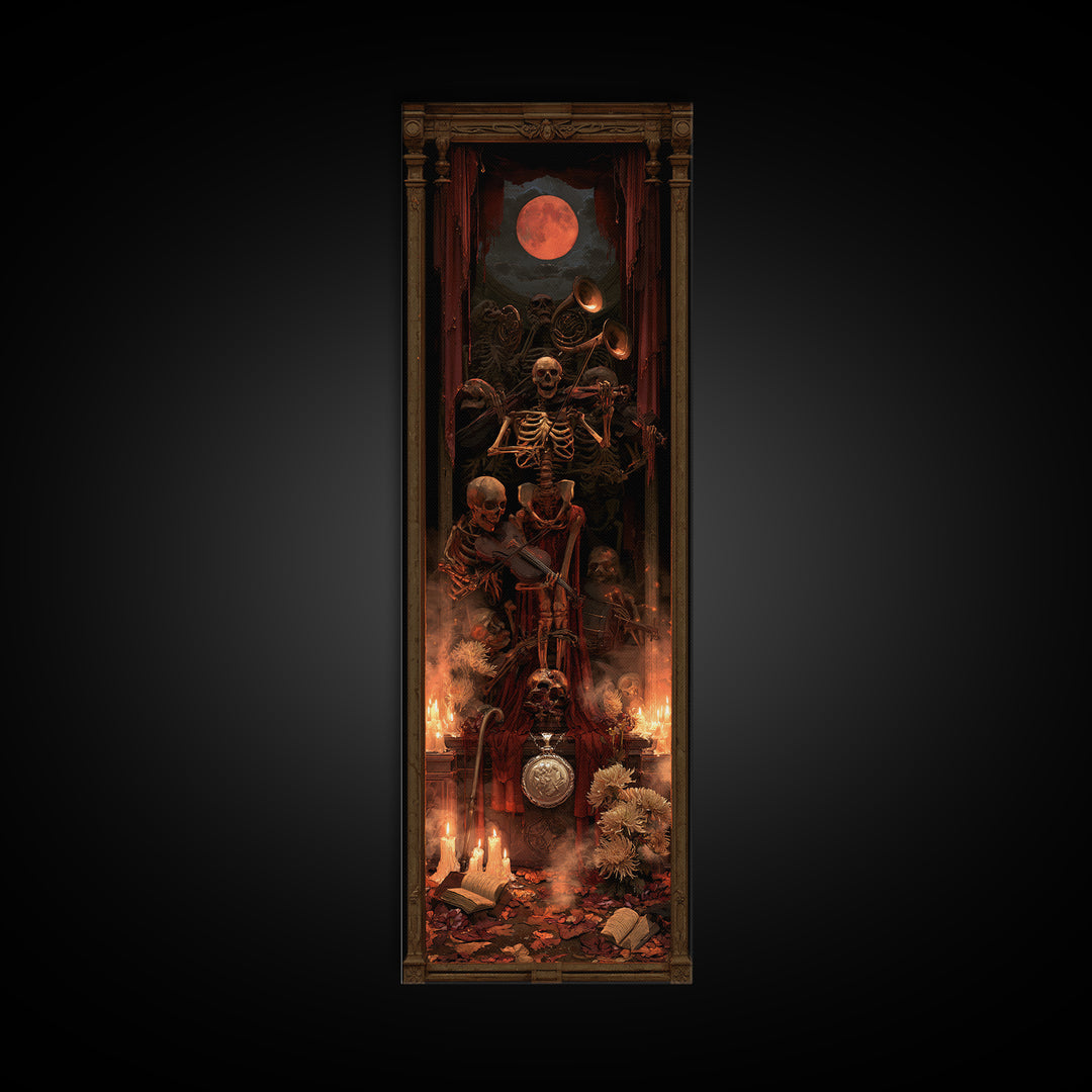 The Skeleton Orchestra, Dark Academia Wall Art, Tall Narrow Wall Art, Canvas Print, Gothic Wall Decor, Halloween Portrait Art