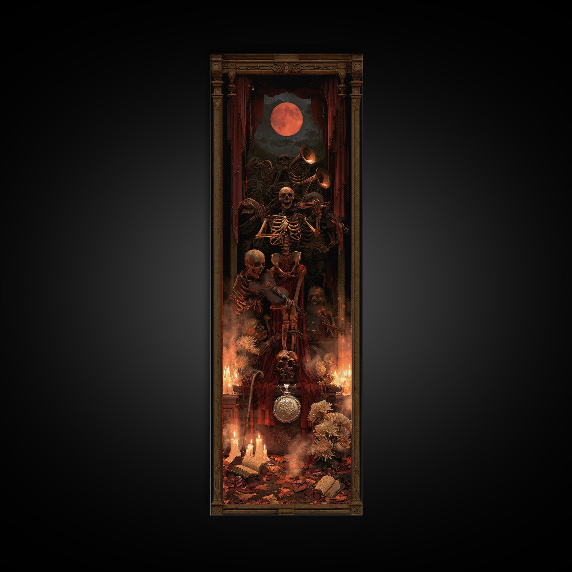 The Skeleton Orchestra, Dark Academia Wall Art, Tall Narrow Wall Art, Canvas Print, Gothic Wall Decor, Halloween Portrait Art