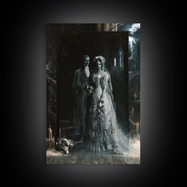 The Ghost Wedding, Victorian Horror Portrait, Vertical Wall Art, Framed Canvas Print, Gothic Wall Decor, Halloween Portrait Art