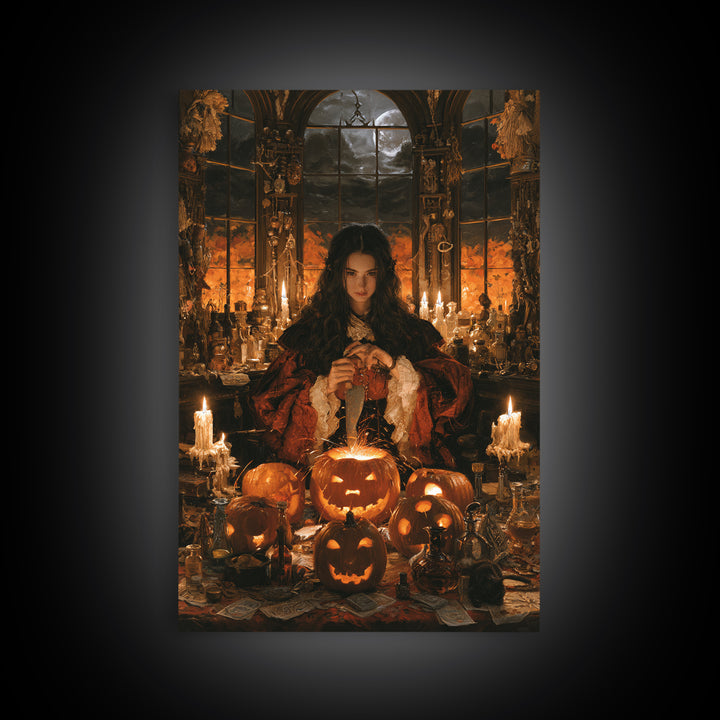 The Pumpkin-Carving Ritual, Victorian Gothic Art, Vertical Wall Art, Canvas Print, Gothic Wall Decor, Halloween Portrait Art