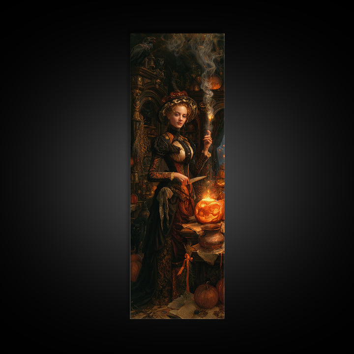 The Pumpkin-Carving Ritual, Victorian Horror Portrait, Tall Narrow Wall Art, Framed Canvas Print, Gothic Wall Decor, Halloween Portrait Art