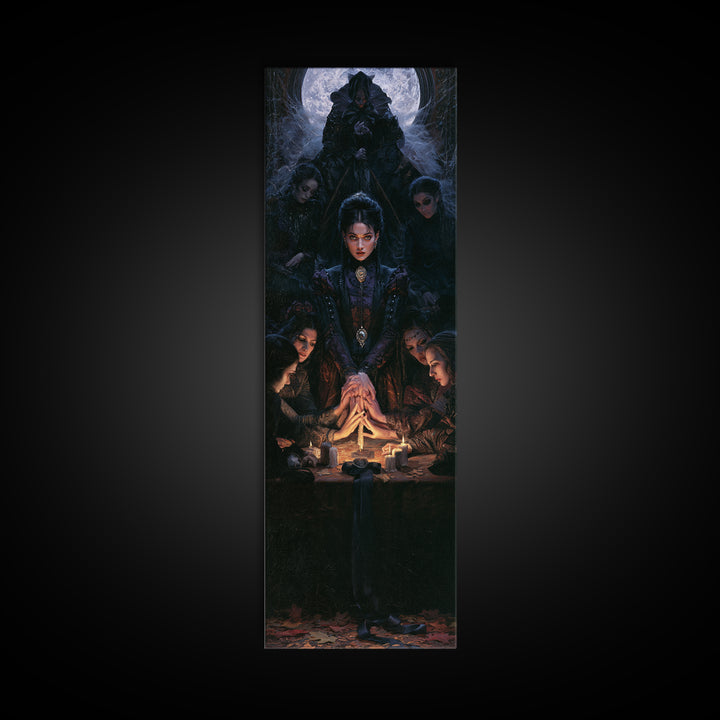 The Candlelit Seance, Antique Gothic Portrait, Tall Narrow Wall Art, Framed Canvas Print, Gothic Wall Decor, Halloween Portrait Art