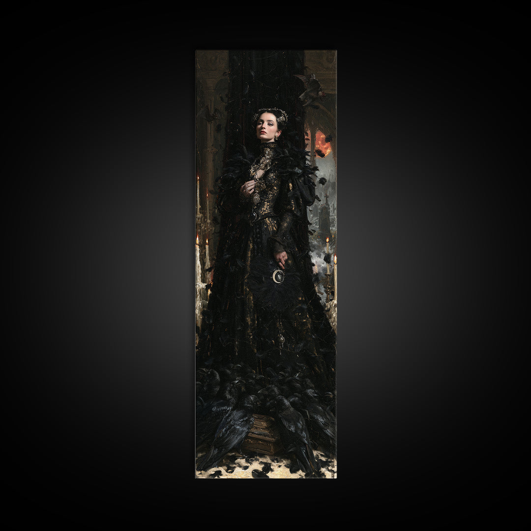 The Raven Funeral, Antique Gothic Portrait, Tall Narrow Wall Art, Canvas Print, Gothic Wall Decor, Halloween Portrait Art