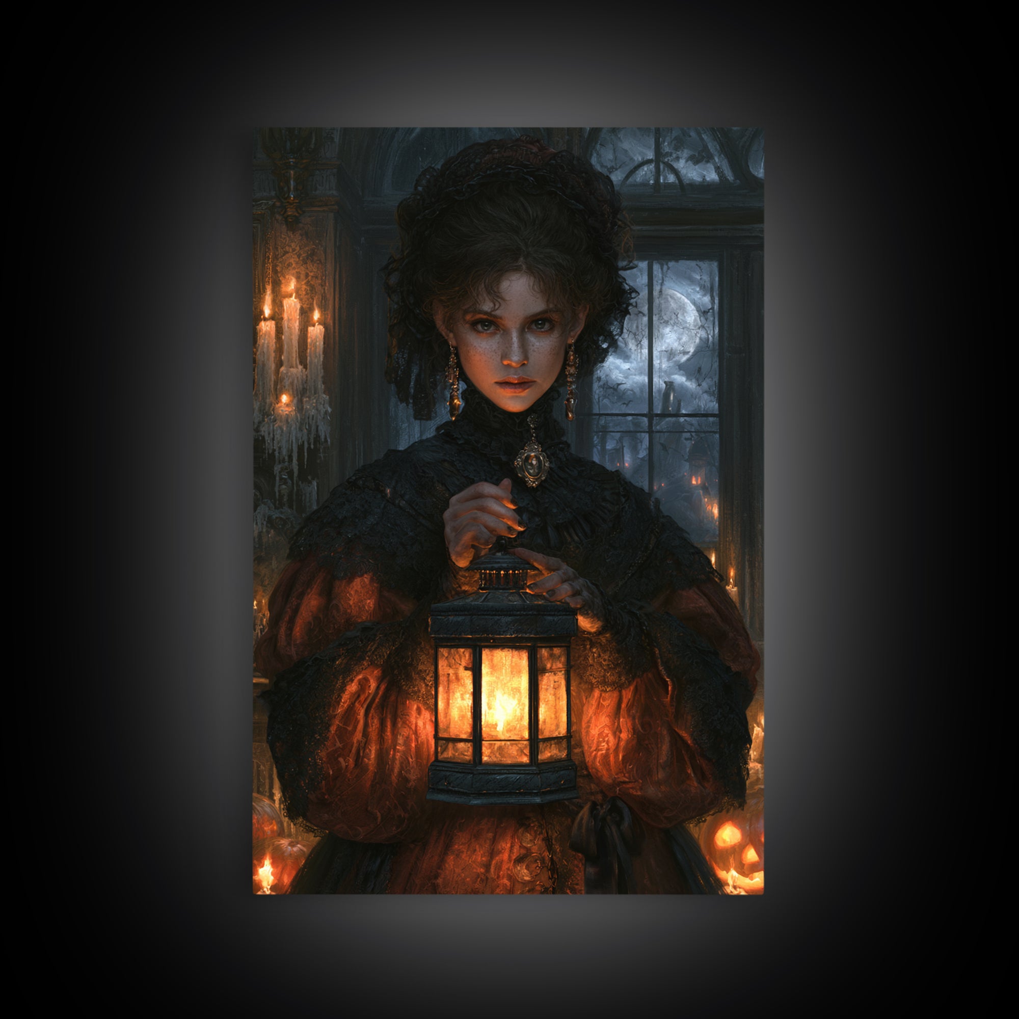 The Cemetery Lantern Festival, Antique Gothic Portrait, Vertical Wall Art, Canvas Print, Gothic Wall Decor, Halloween Portrait Art