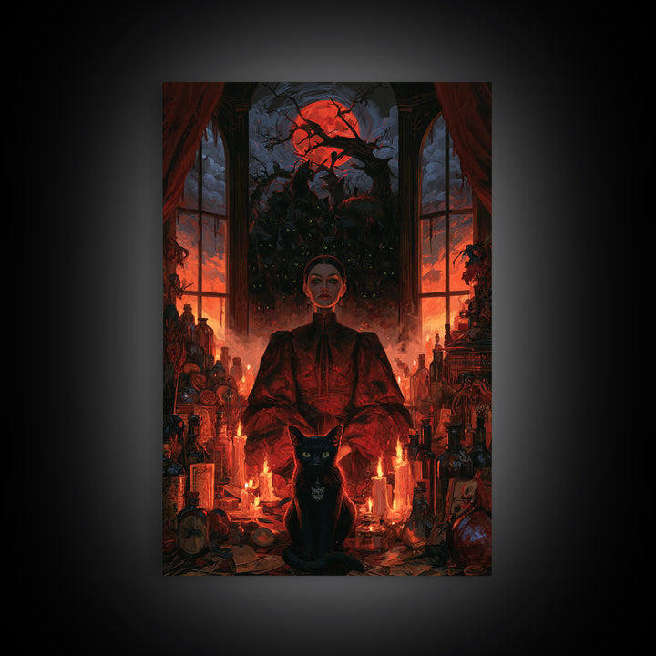 The Black Cat Gathering, Macabre Victorian Decor, Vertical Wall Art, Framed Canvas Print, Gothic Wall Decor, Halloween Portrait Art